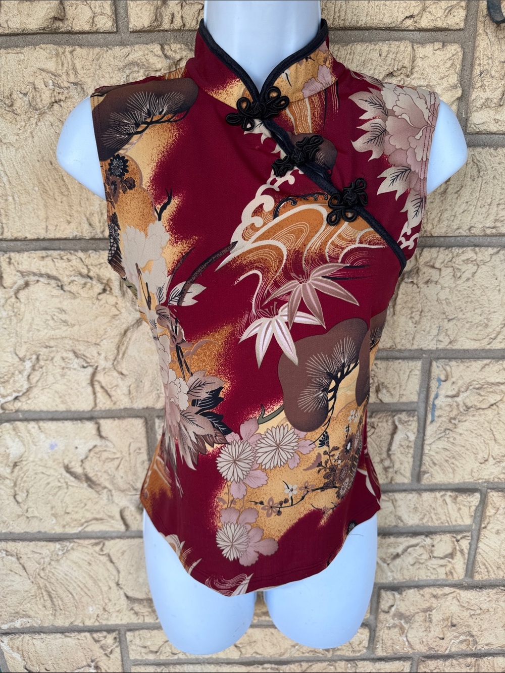Vintage Cheongsam Blouse Maroon Floral Qipao Top Mandarin Collar Sleeveless